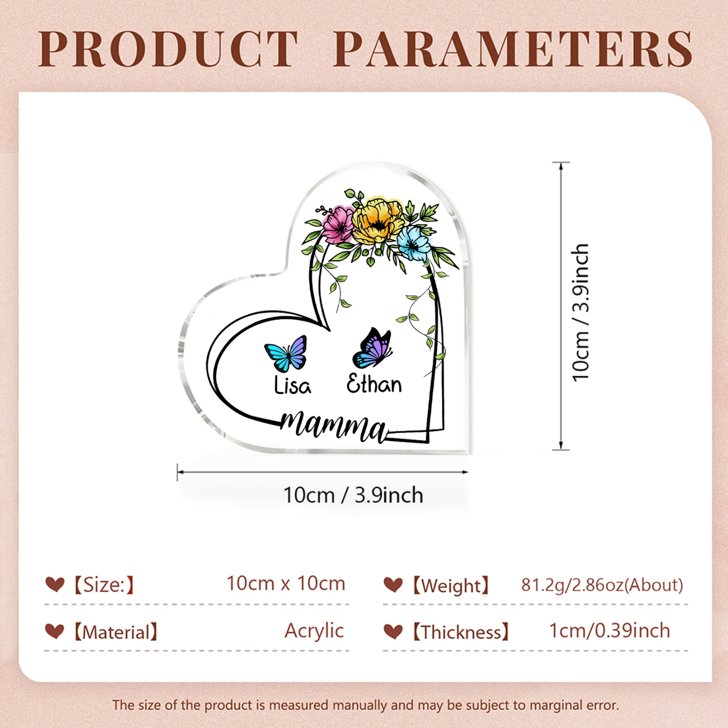 Decorazione Acrilica a Forma di Cuore Personalizzata con Farfalla – 2 Nomi e Testo per Nonna o Mamma | Jessemade