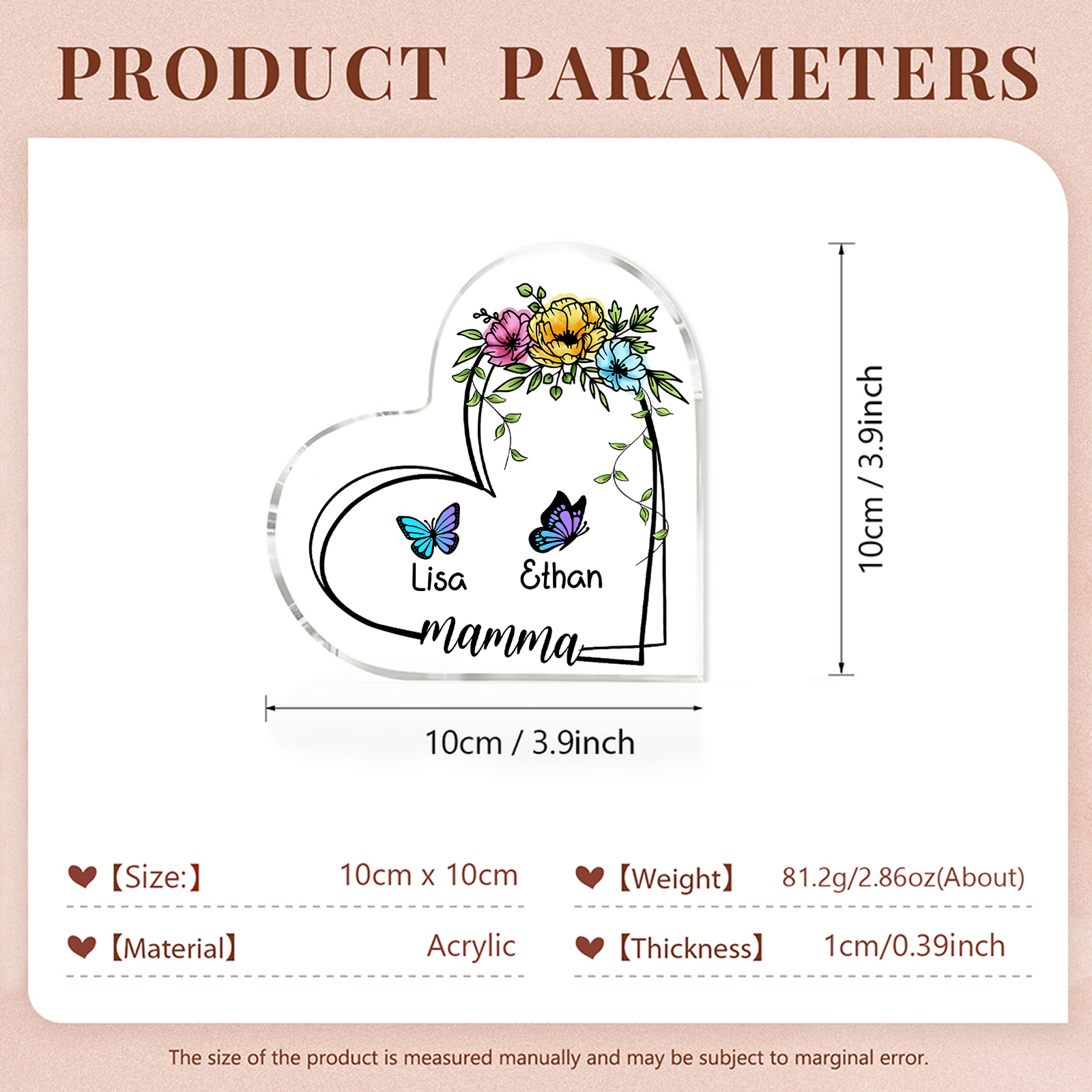 Decorazione Acrilica a Forma di Cuore Personalizzata con Farfalla – 2 Nomi e Testo per Nonna o Mamma | Jessemade