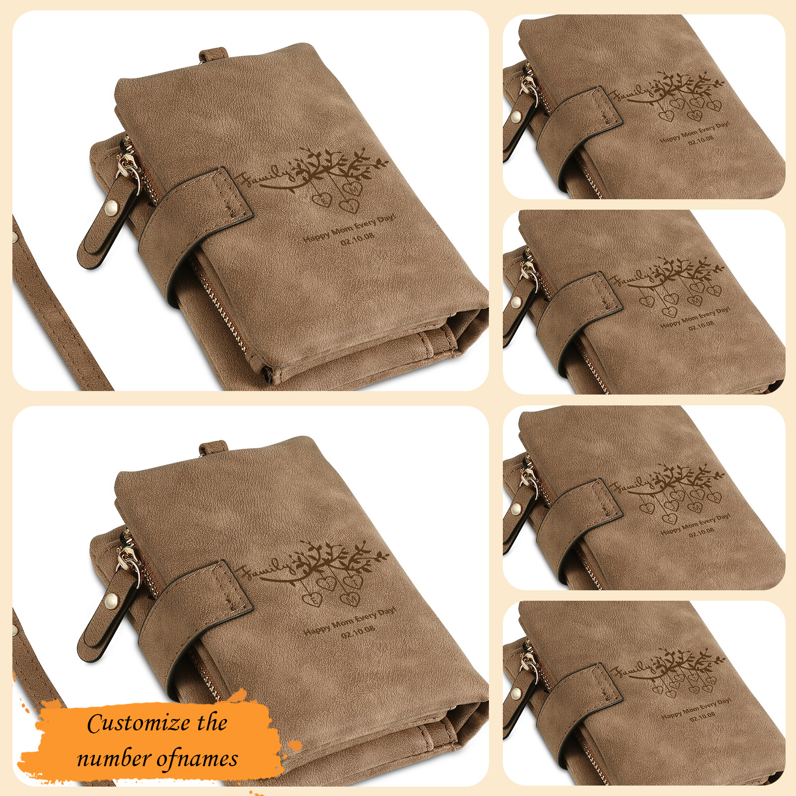 Portafoglio in PU pelle albero di vita con 8 letetre & 1 testo & 1 nome personalizzati per mamma/nonna