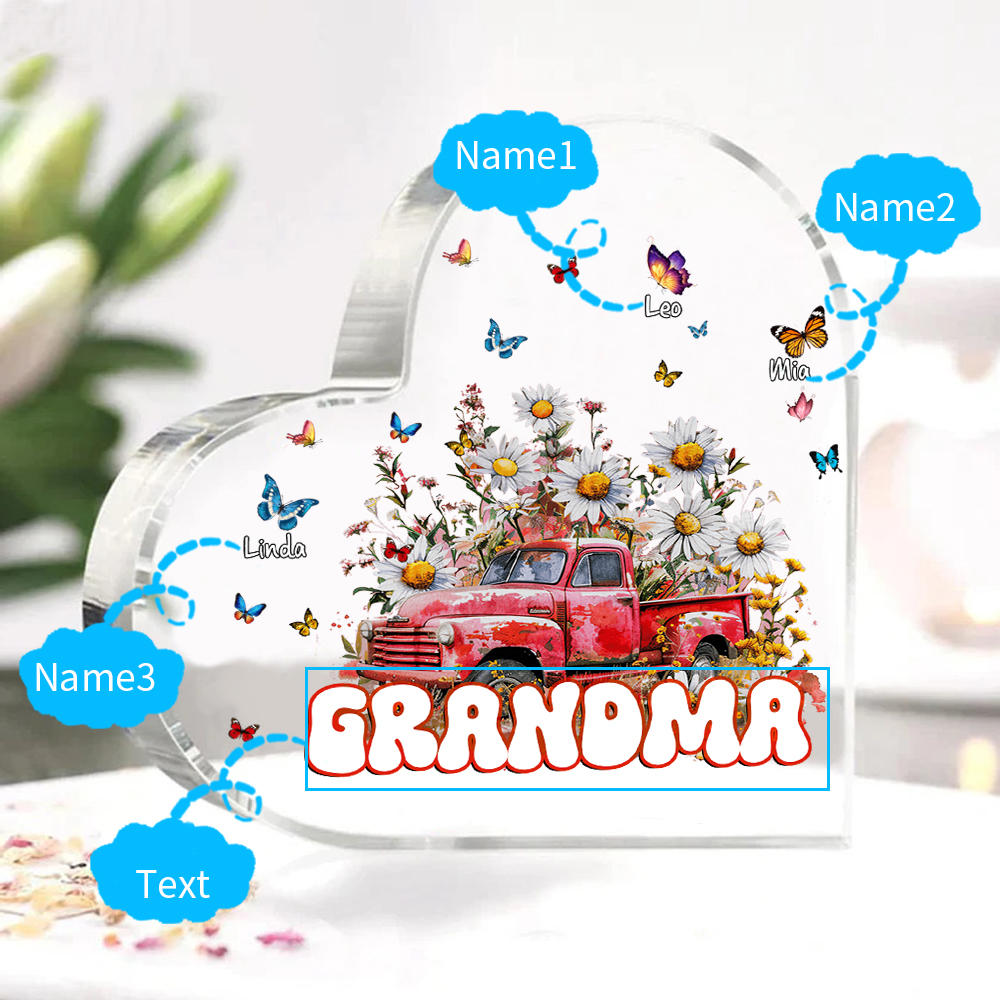 Test-Mamma-Decorazione acrilica con fiori e macchina 3 nomi e 1 testo personalizzati per mamma/nonna