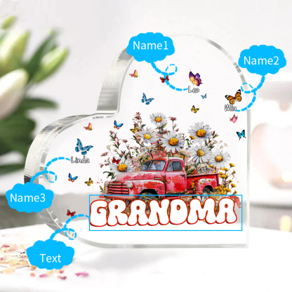 Test-Mamma-Decorazione acrilica con fiori e macchina 3 nomi e 1 testo personalizzati per mamma/nonna