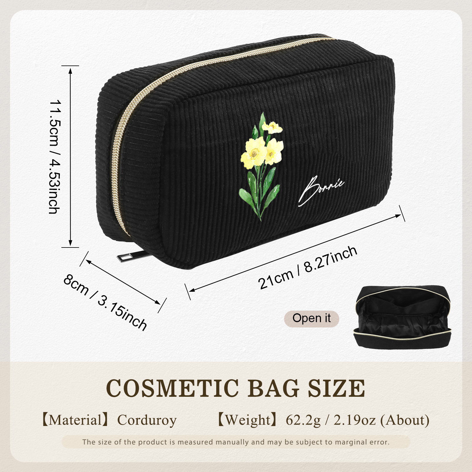 Borsa portabile per cosmetici in velluto a coste 1 nome e 1 fiore di nascita personalizzato multicolori da scegliere