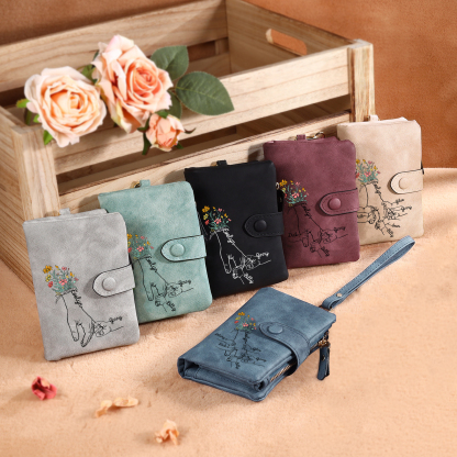 Portafoglio in PU pelle fiore mano con 4 nomi personalizzati per mamma/nonna