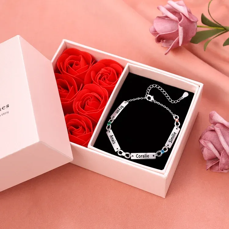 Braccialetto infinito con 4 nomi personalizzati e 3 pietre di nascita