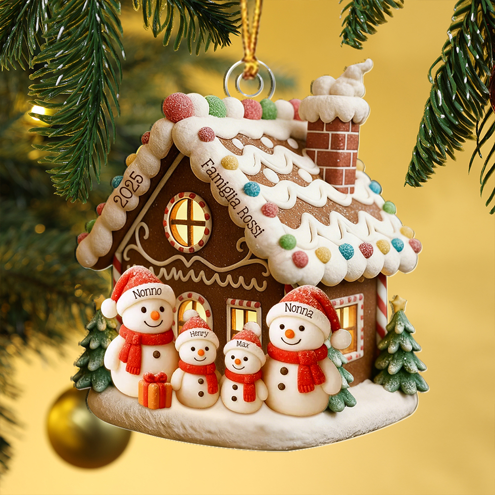Addobbo per albero di Natale personalizzabile con casa di pan di zenzero e famiglia di pupazzi di neve – fino a 1–6 nomi