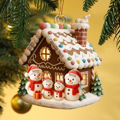 Addobbo per albero di Natale personalizzabile con casa di pan di zenzero e famiglia di pupazzi di neve – fino a 1–6 nomi