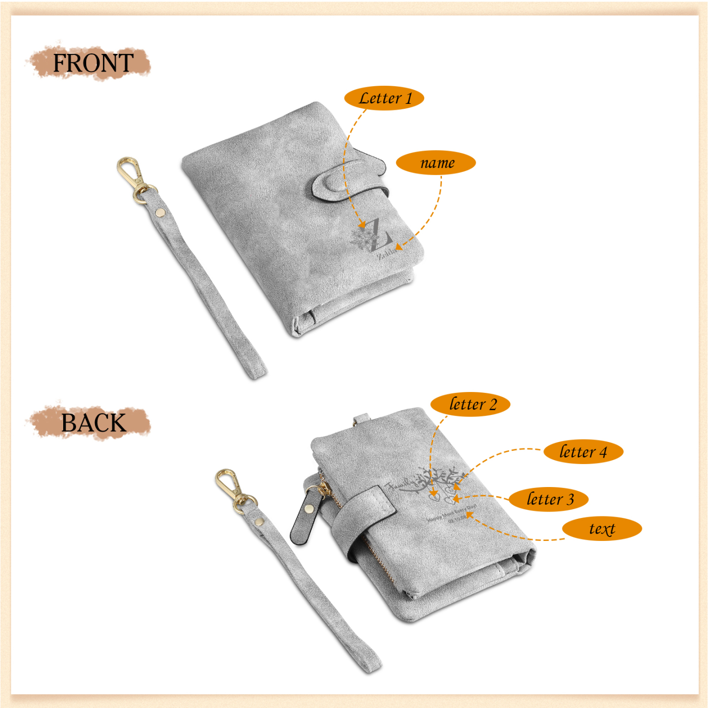 Portafoglio in PU pelle albero di vita con 4 letetre & 1 testo & 1 nome personalizzati per mamma/nonna