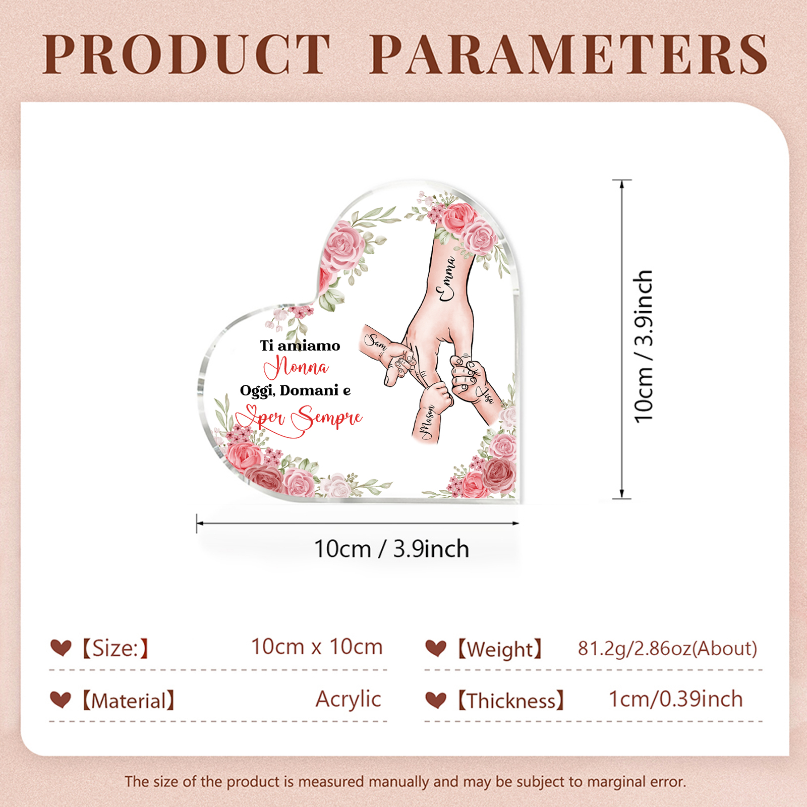 Decorazione Acrilica a Forma di Cuore Mano nella Mano Personalizzata – 4 Nomi e Testo per Nonna o Mamma | Jessemade