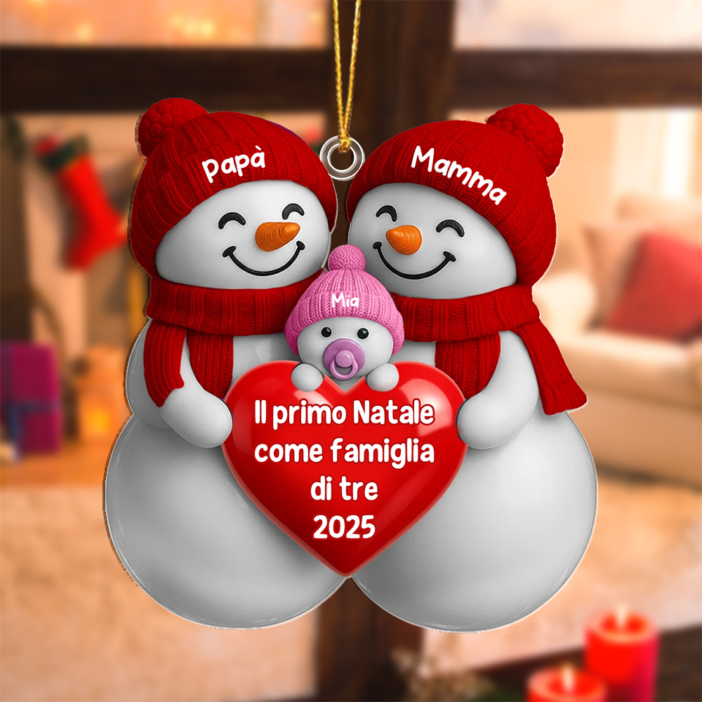 Decorazione per albero di Natale personalizzata con 3 pupazzi di neve per neogenitori