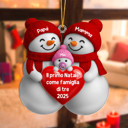 Decorazione per albero di Natale personalizzata con 3 pupazzi di neve per neogenitori