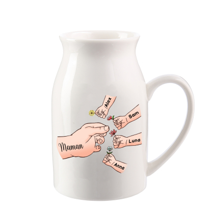 Vaso di ceramica con mano passando il fiore 5 nomi personalizzati per nonna/mamma