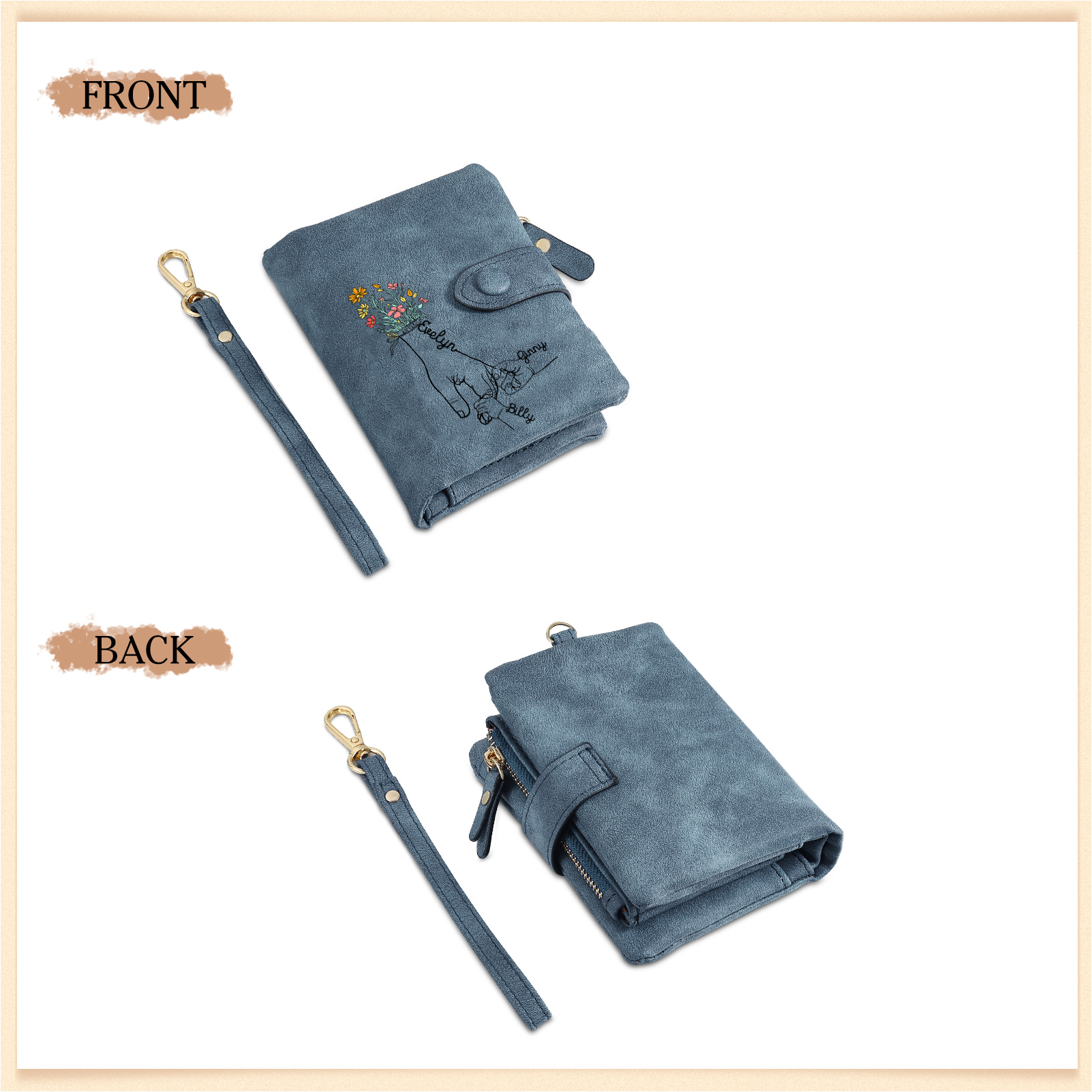 Portafoglio in PU pelle fiore mano con 3 nomi personalizzati per mamma/nonna