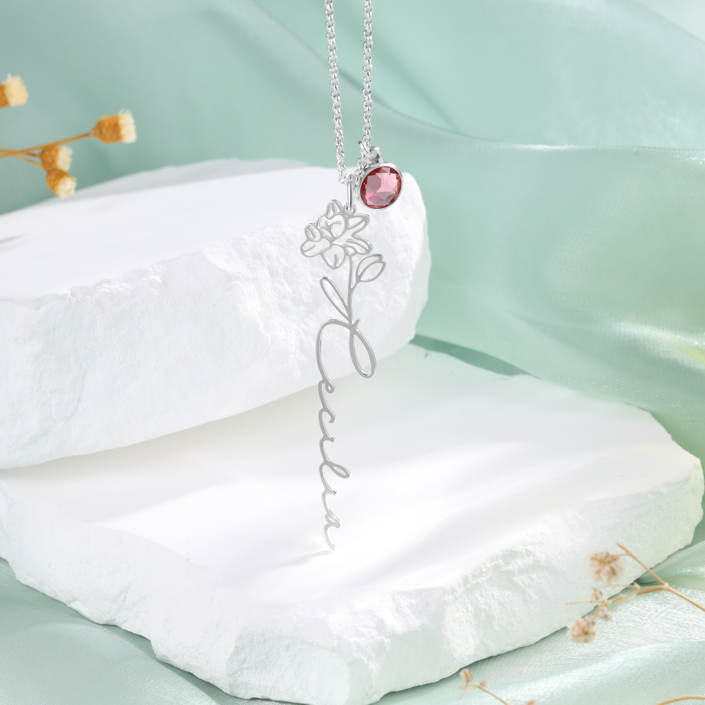 Collana 925 Argento Fiore elegante con 1 pietra di nascita e 1 nome e 1 fiore di nascita personalizzabili per donna