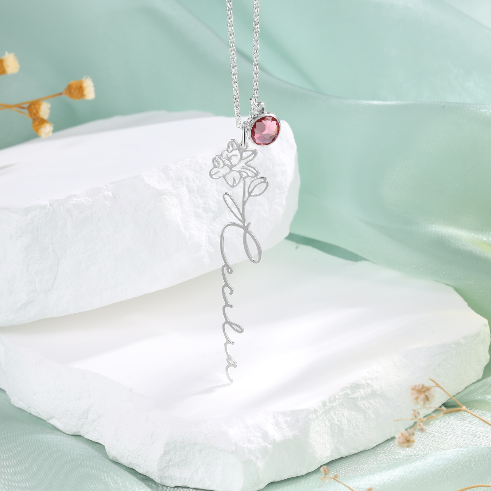 Collana 925 Argento Fiore elegante con 1 pietra di nascita e 1 nome e 1 fiore di nascita personalizzabili per donna