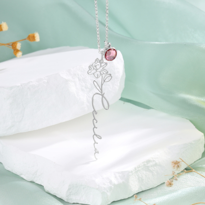 Collana 925 Argento Fiore elegante con 1 pietra di nascita e 1 nome e 1 fiore di nascita personalizzabili per donna