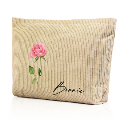 Borsa portabile per cosmetici in velluto a coste per donna 1 nome e 1 fiore di nascita personalizzato multicolori da scegliere