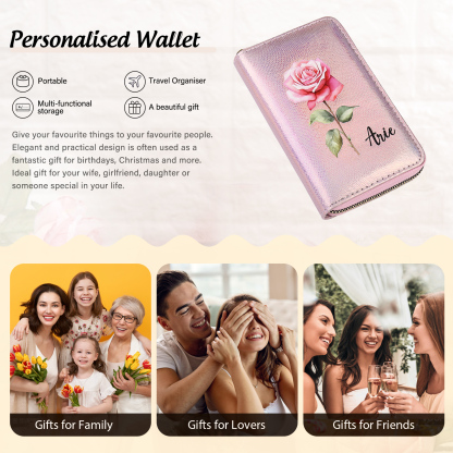 Portafoglio in PU pelle con 1 fiore di nascita & 1 nome personalizzati per mamma/nonna