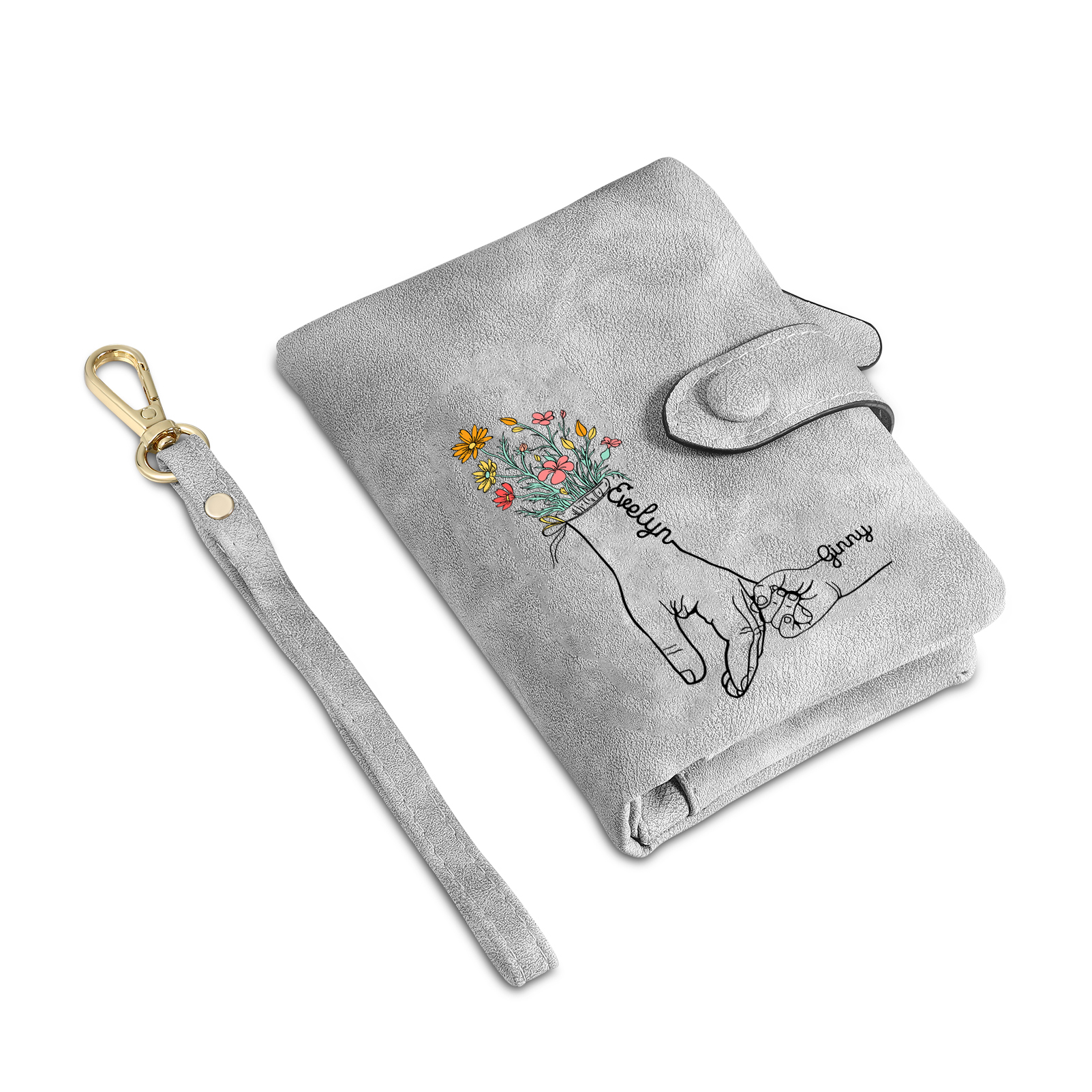 Portafoglio in PU pelle fiore mano con 2 nomi personalizzati per mamma/nonna