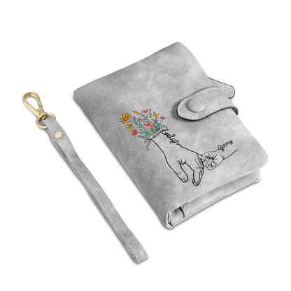 Portafoglio in PU pelle fiore mano con 2 nomi personalizzati per mamma/nonna