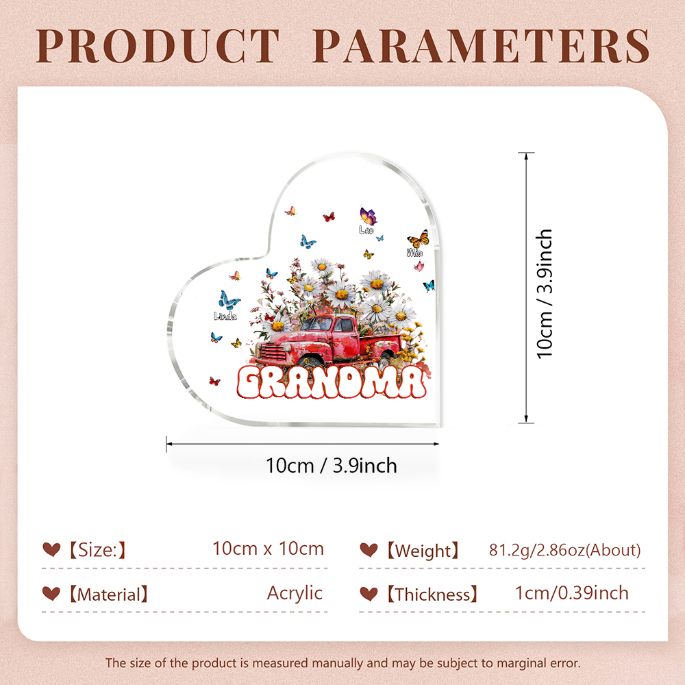 Test-Mamma-Decorazione acrilica con fiori e macchina 3 nomi e 1 testo personalizzati per mamma/nonna