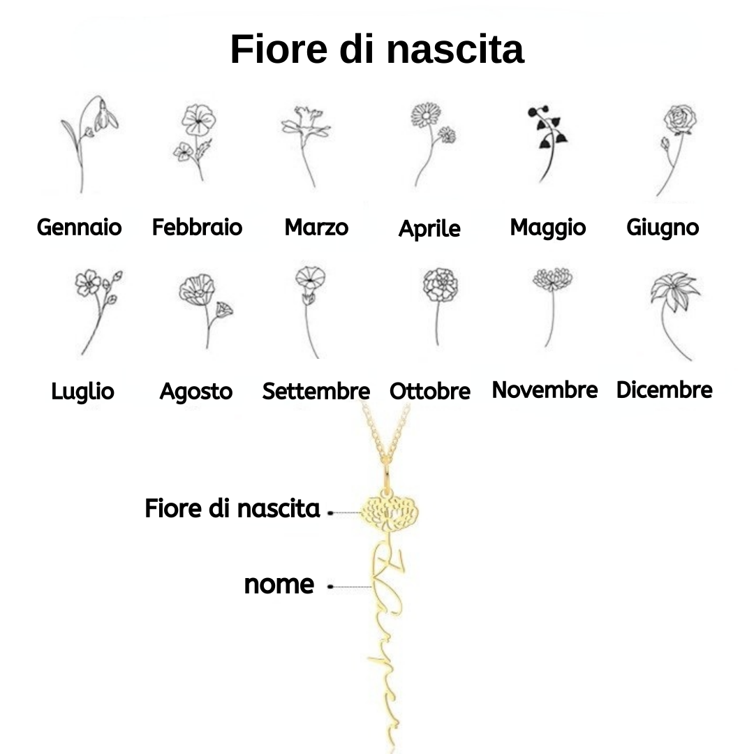 Collana con nome personalizzato 12 fiori di nascita A