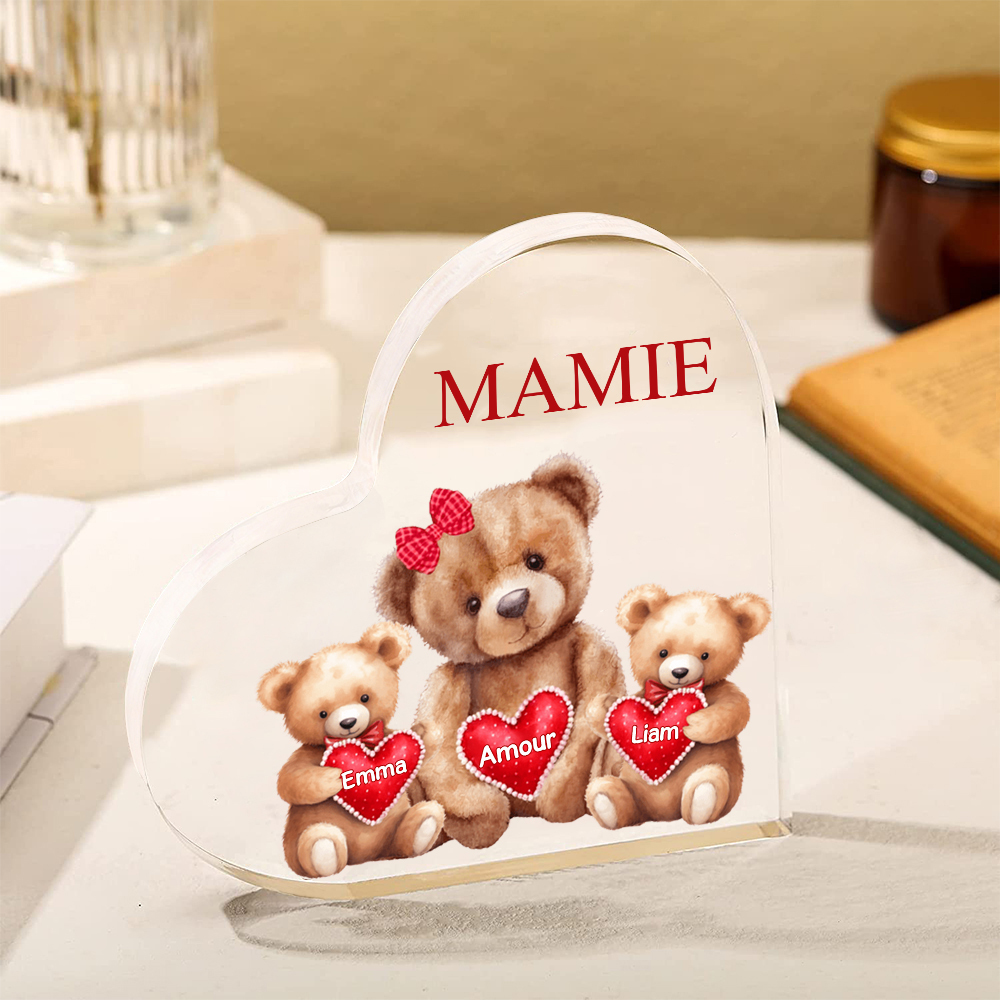 MAMMA Decorazione acrilica con 2 orsacchiotti a forma di cuore 2 nomi e 2 testi personalizzati per mamma/nonna