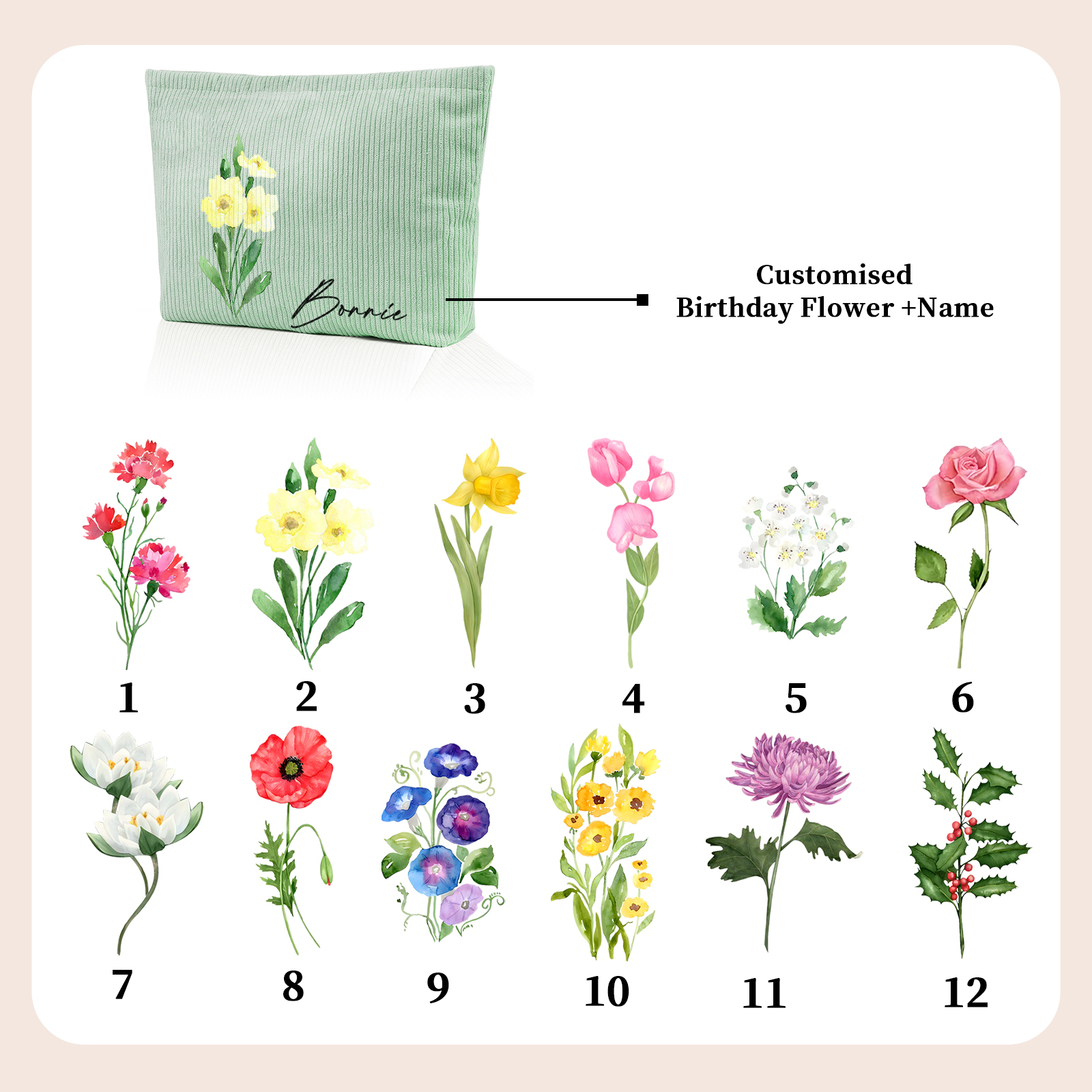 Borsa portabile per cosmetici in velluto a coste per donna 1 nome e 1 fiore di nascita personalizzato multicolori da scegliere