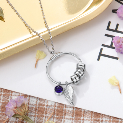 Collana con ciondolo foglia e cerchio 1 nome e 1 pietra di nascita personalizzati regalo per donna