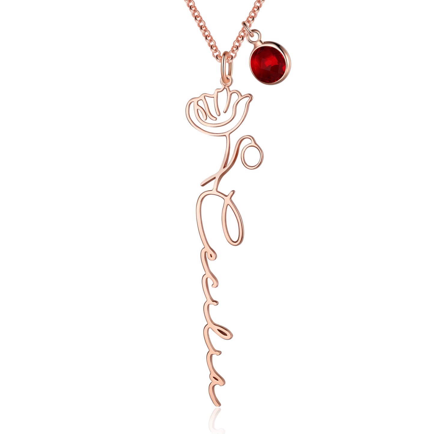 Collana 925 Argento Fiore elegante con 1 pietra di nascita e 1 nome e 1 fiore di nascita personalizzabili per donna
