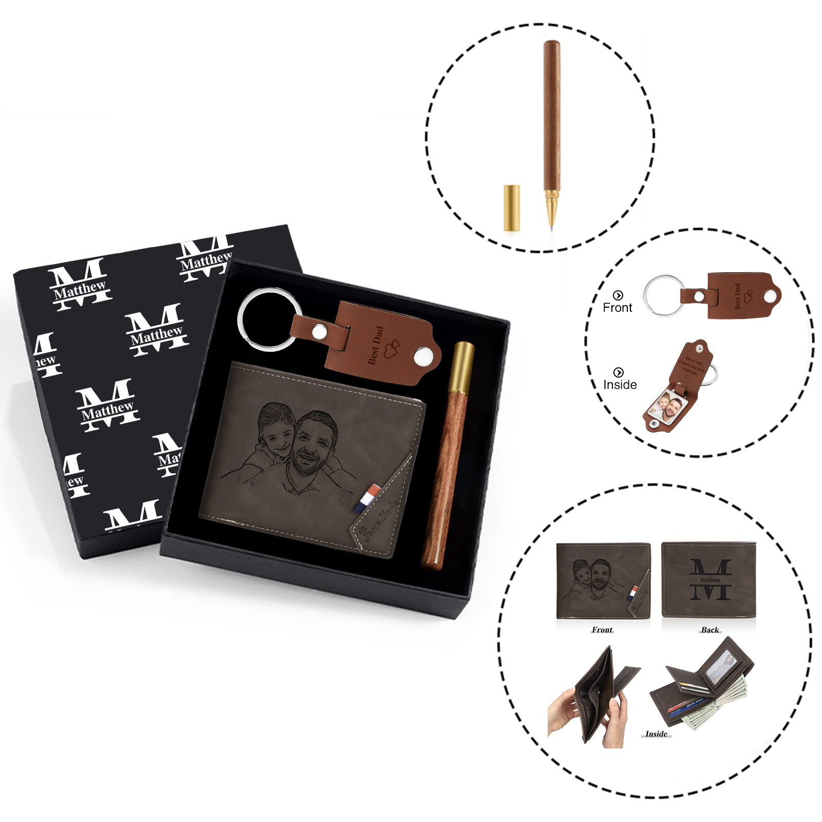 Personalized Leather Wallet Gift Box Set with Keychain Customizable Photo,Text ,Name and Letter Wallet Gift for Him