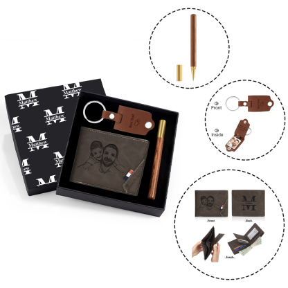 Personalized Leather Wallet Gift Box Set with Keychain Customizable Photo,Text ,Name and Letter Wallet Gift for Him