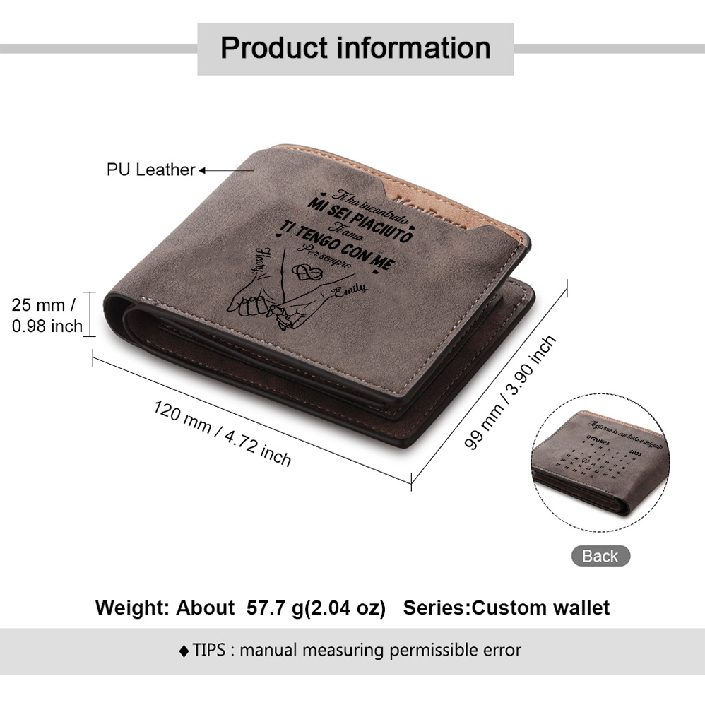 Portafoglio in pelle PU personalizzato con nome e calendario per uomo