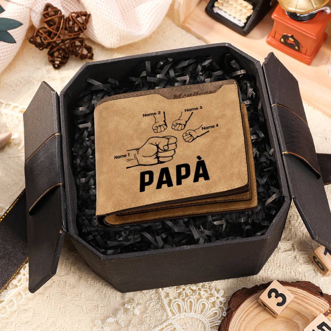 Portafoglio Uomo Personalizzato – Incisione Foto, Testo e 4 Nomi – Con Carta Pugno & Scatola Regalo – Perfetto per Papà | Jessemade