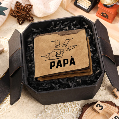Portafoglio Uomo Personalizzato – Incisione Foto, Testo e 4 Nomi – Con Carta Pugno & Scatola Regalo – Perfetto per Papà | Jessemade