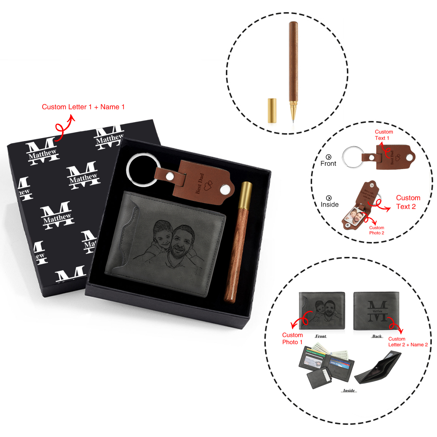 Personalized Leather Wallet Gift Box Set with Keychain Customizable Photo,Text ,Name and Letter Wallet Gift for Him