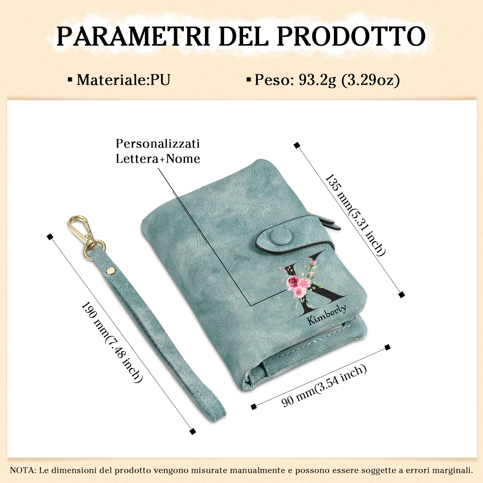 Portafoglio mano nella mano in PU pelle con 5 nomi & 1 testo & 1 lettera personalizzati per mamma
