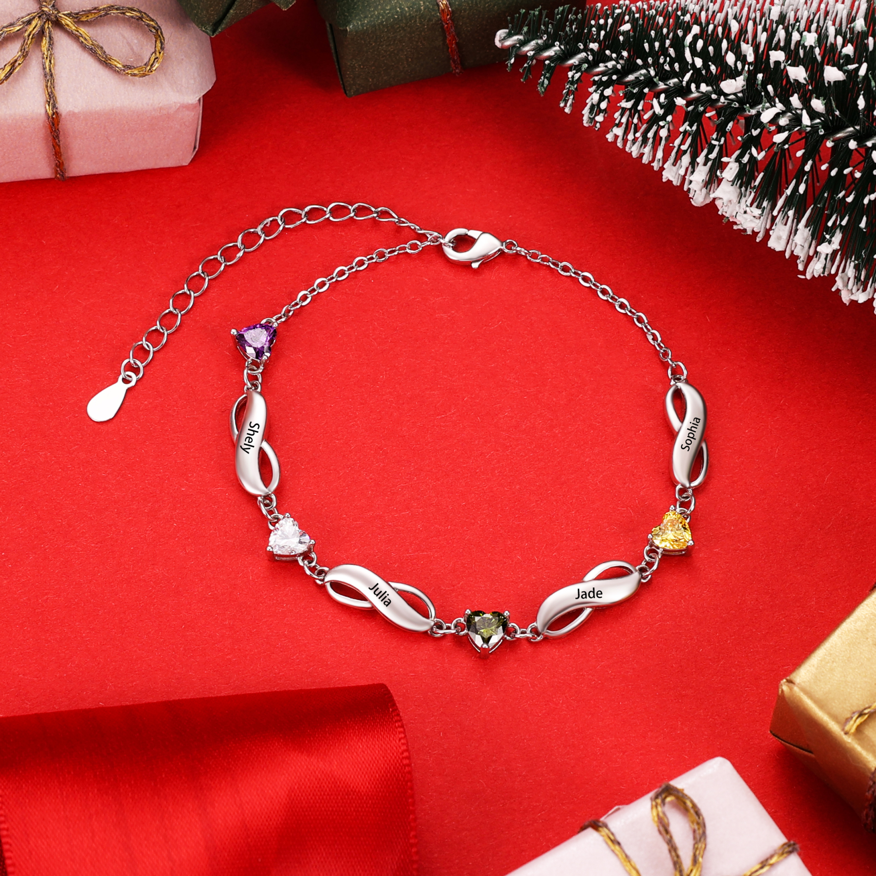 Braccialetto infinito con 2 pietre di nascita a forma di cuore e 2 nomi personalizzati