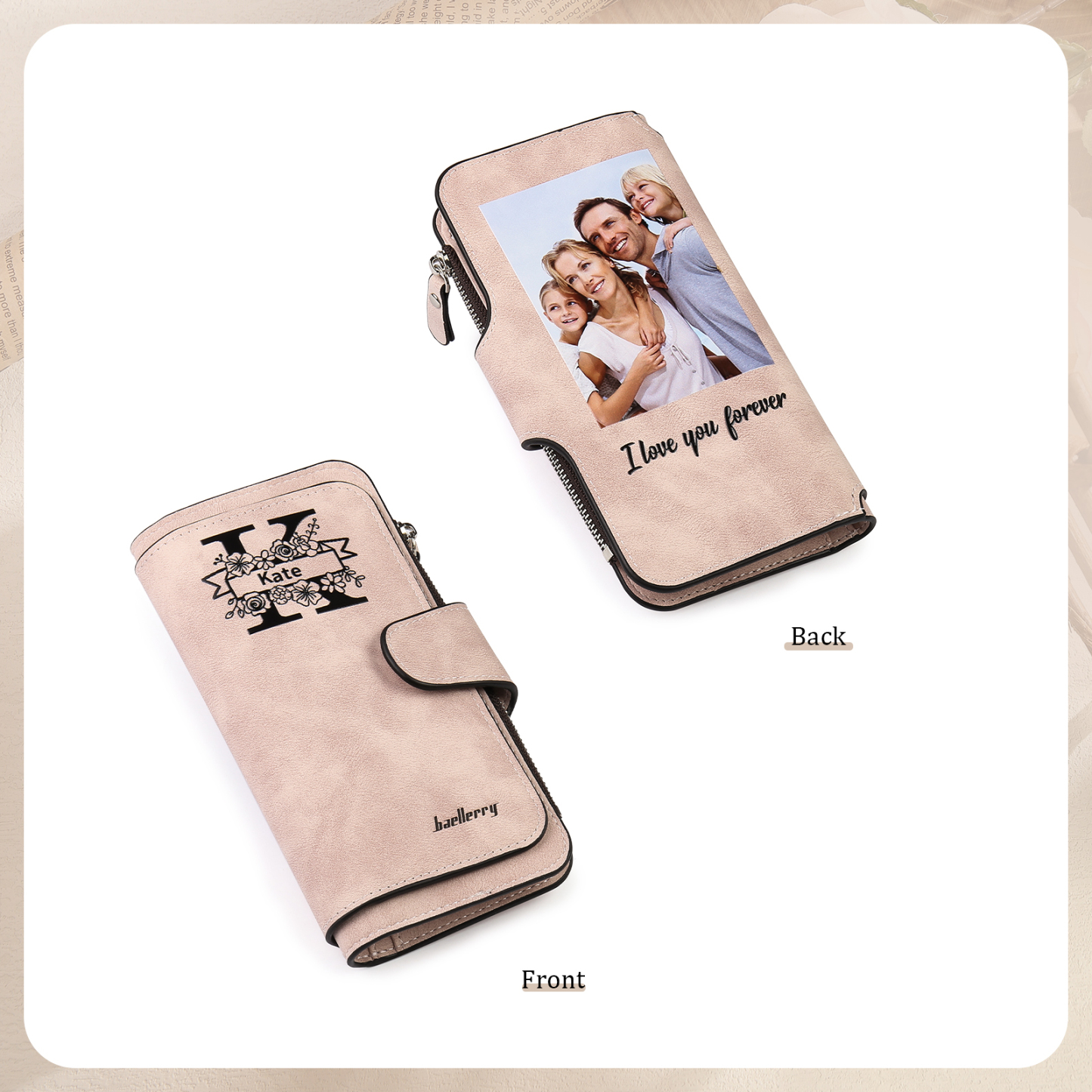 Portafoglio in PU pelle con 1 letetra & 1 testo & 1 nome & 1 foto personalizzati per mamma/nonna