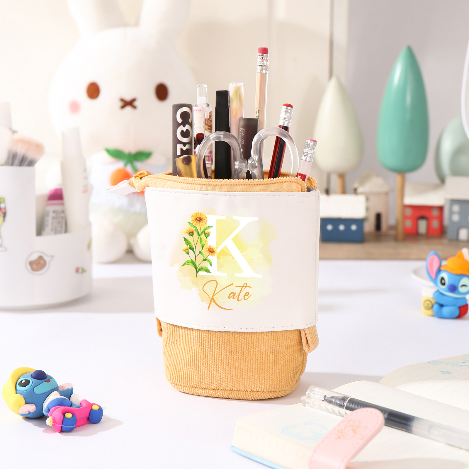 Astuccio per matite personalizzato con 1 nome e 1 lettera e 1 fiore di nascita regalo per scuola elementare bambini