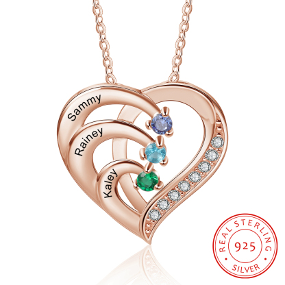 Jessemade IT Argento S925 Collana con 3 nomi personalizzati e 3 pietre di nascita in ciondolo a cuore