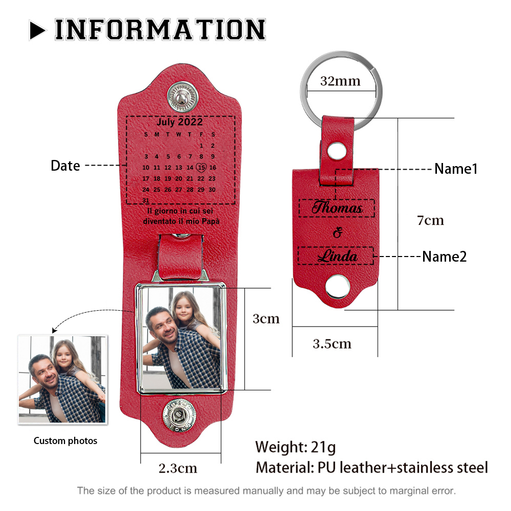 Portachiavi Pelle 1 foto e 1 data e 2 nomi personalizzabili regalo per Papà