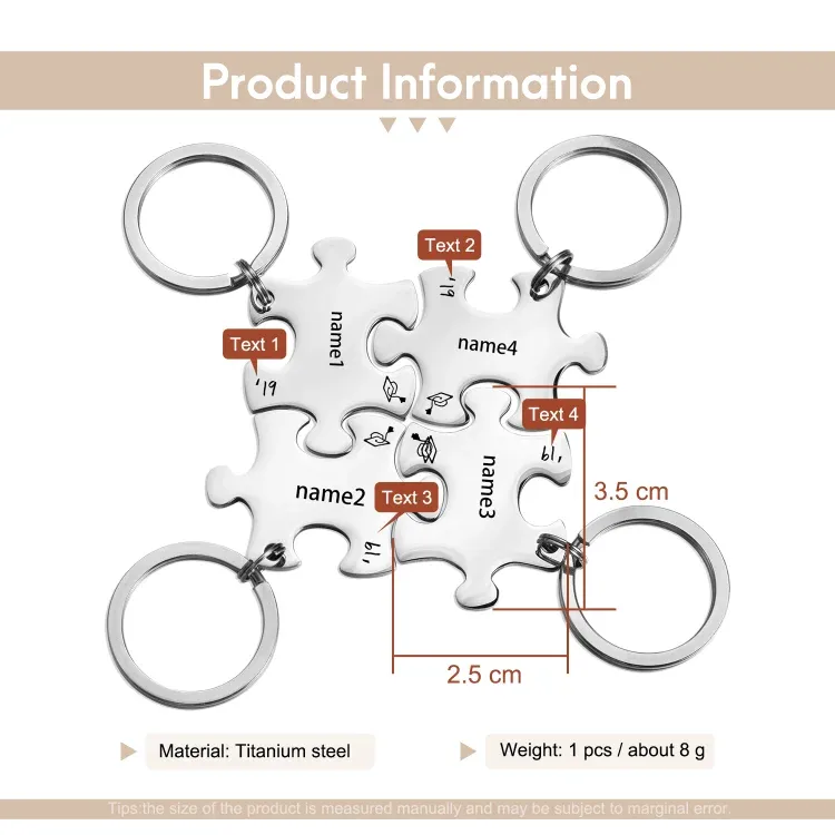 Portachiavi Puzzle Laurea con 4 nomi e 4 testi personalizzati regalo di laurea
