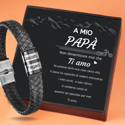 A MIO PAPÀ - Braccialetto in pelle intrecciata Bracciale maschile con 2 perline e 2 nomi personalizzati