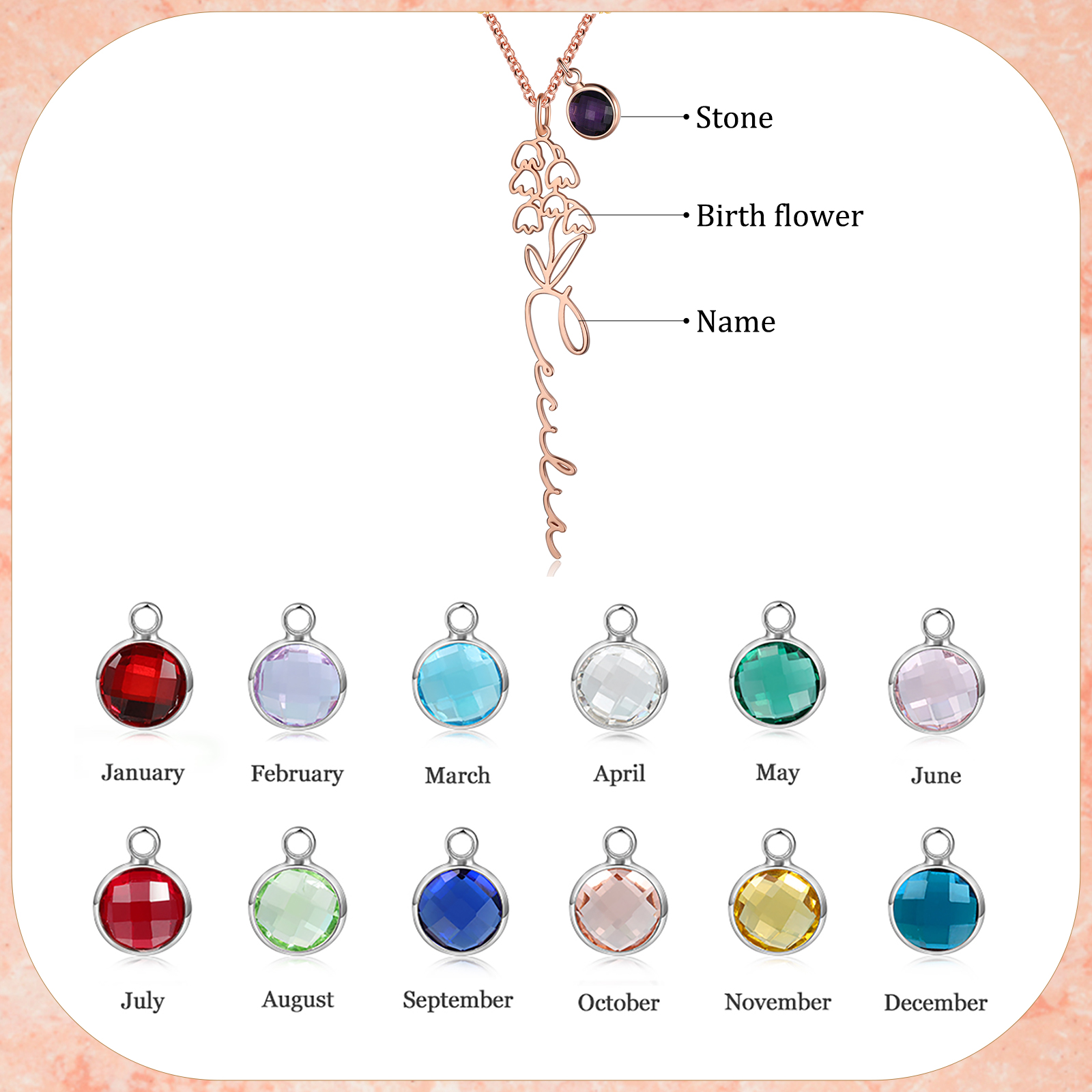 Collana 925 Argento Fiore elegante con 1 pietra di nascita e 1 nome e 1 fiore di nascita personalizzabili per donna
