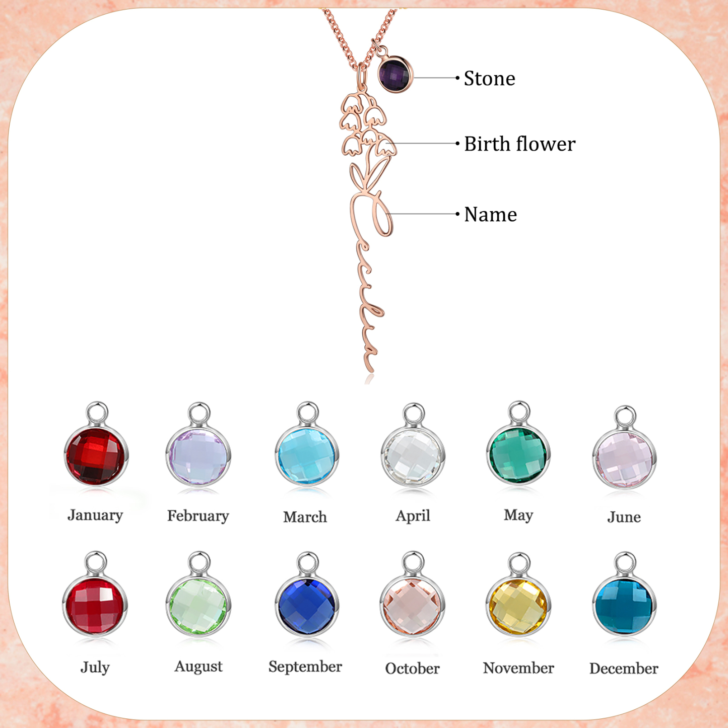 Collana 925 Argento Fiore elegante con 1 pietra di nascita e 1 nome e 1 fiore di nascita personalizzabili per donna