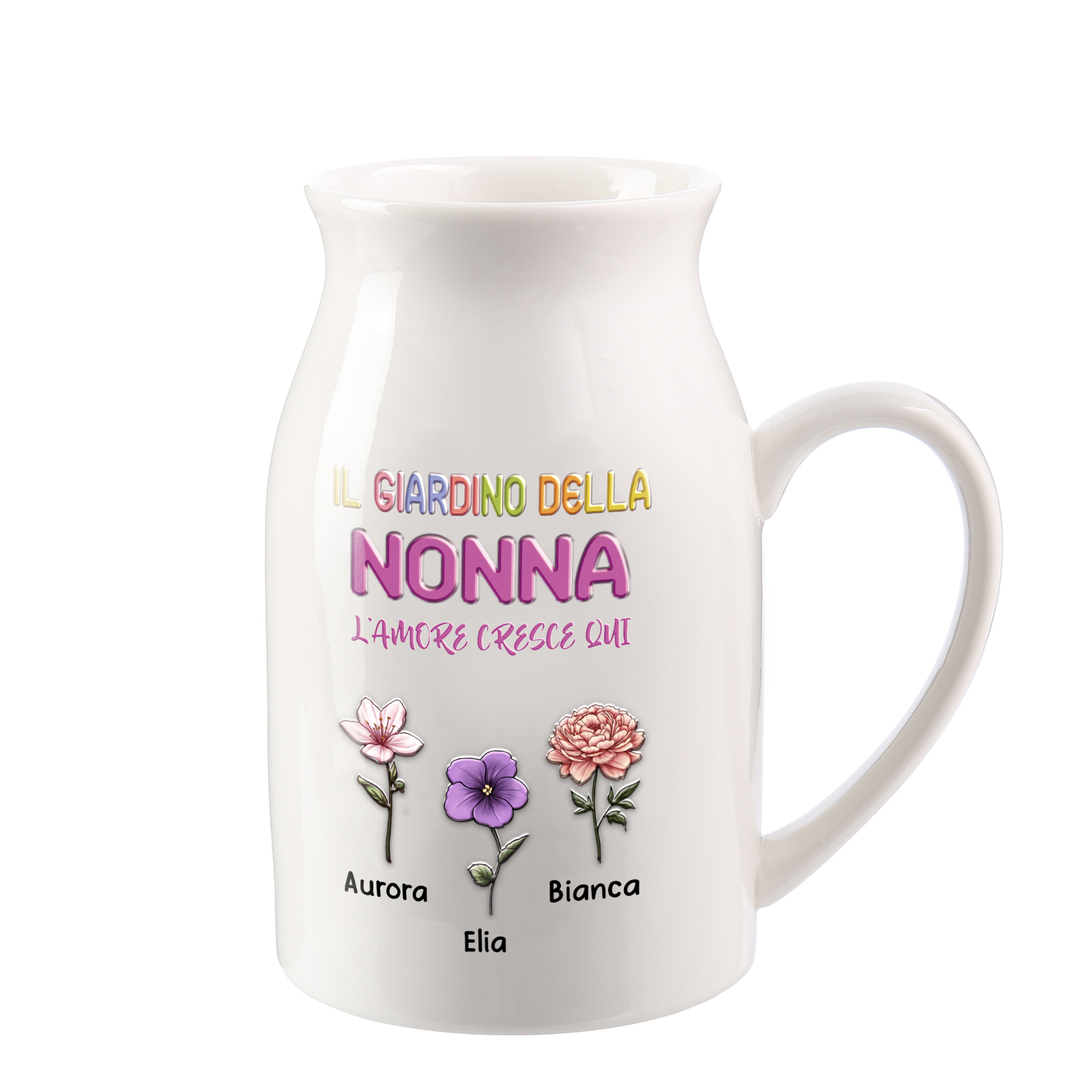 Brocca vaso in ceramica “Il Giardino della Mamma/Nonna” personalizzata con 1-10 nomi e fiori di nascita
