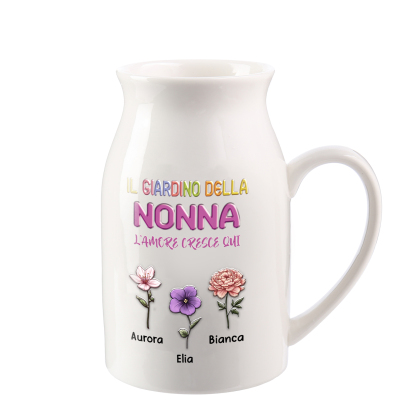Brocca vaso in ceramica “Il Giardino della Mamma/Nonna” personalizzata con 1-10 nomi e fiori di nascita