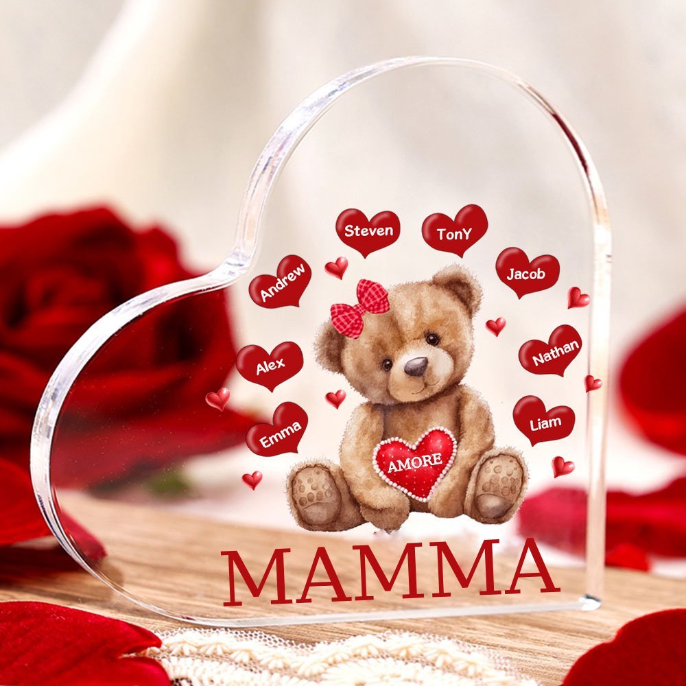 Jessemade IT MAMMA Decorazione acrilica con orsacchiotto a forma di cuore 8 nomi e 2 testi personalizzati per mamma/nonna