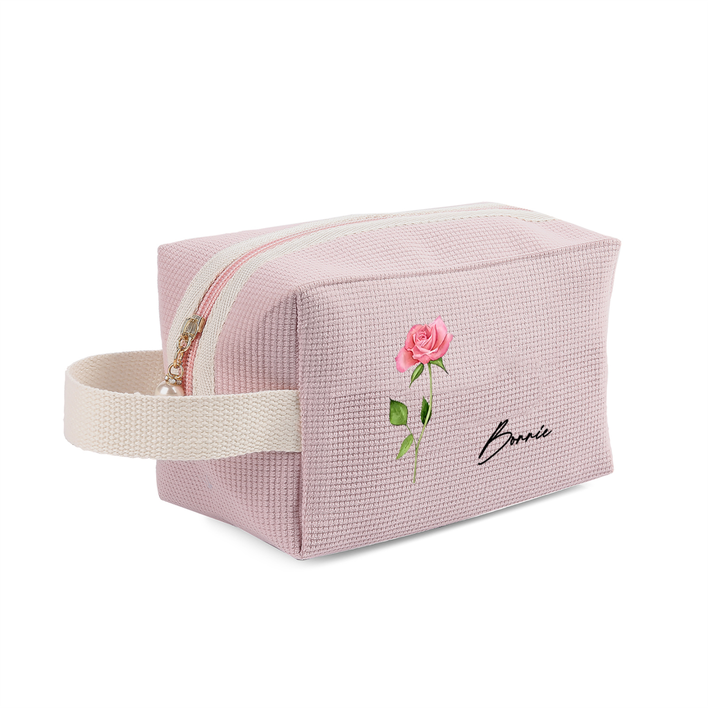 Borsa portabile per cosmetici in velluto a coste 1 nome e 1 fiore di nascita personalizzato multicolori da scegliere
