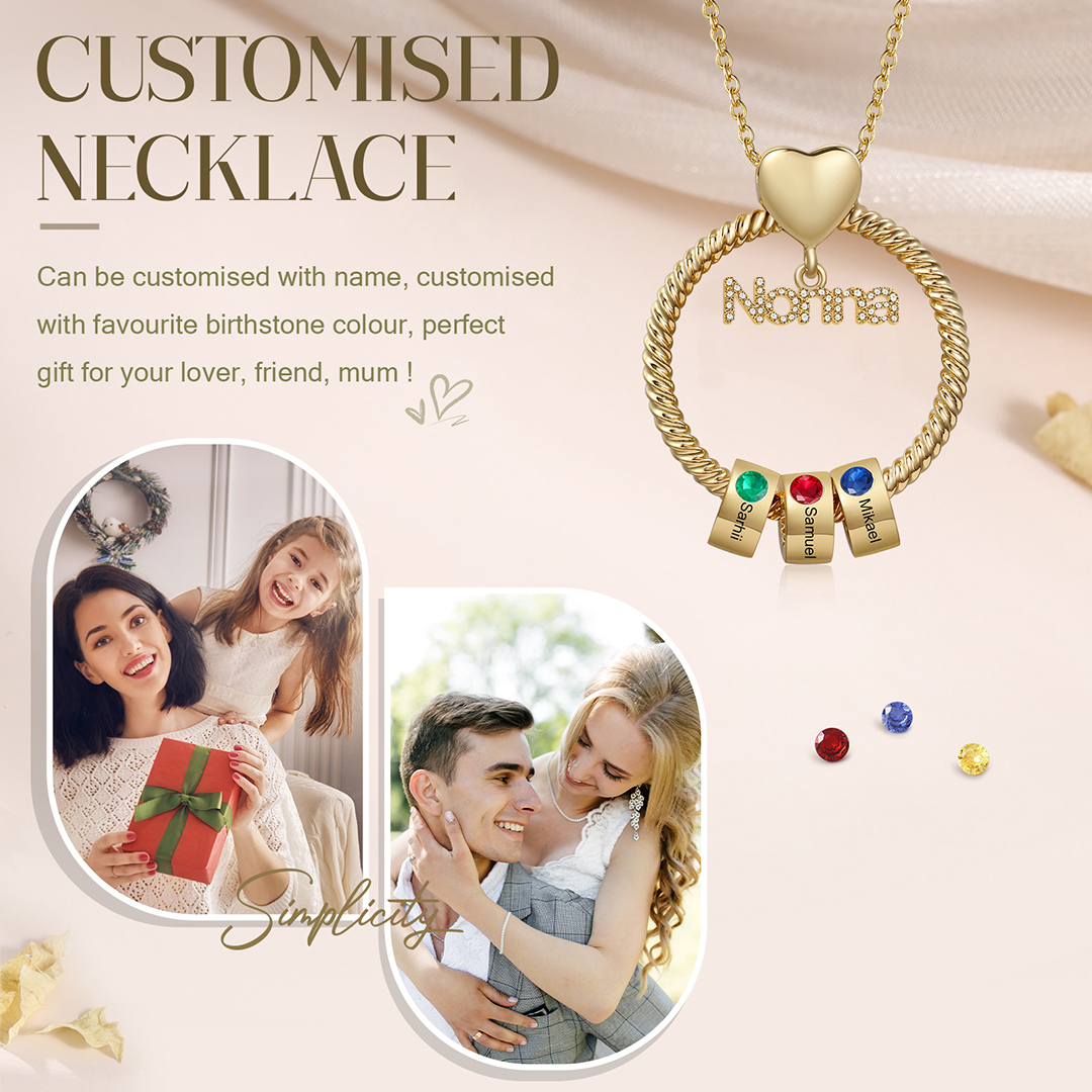 Collana con ciondolo nonna 3 nomi incisioni e pietre di nascita personalizzate
